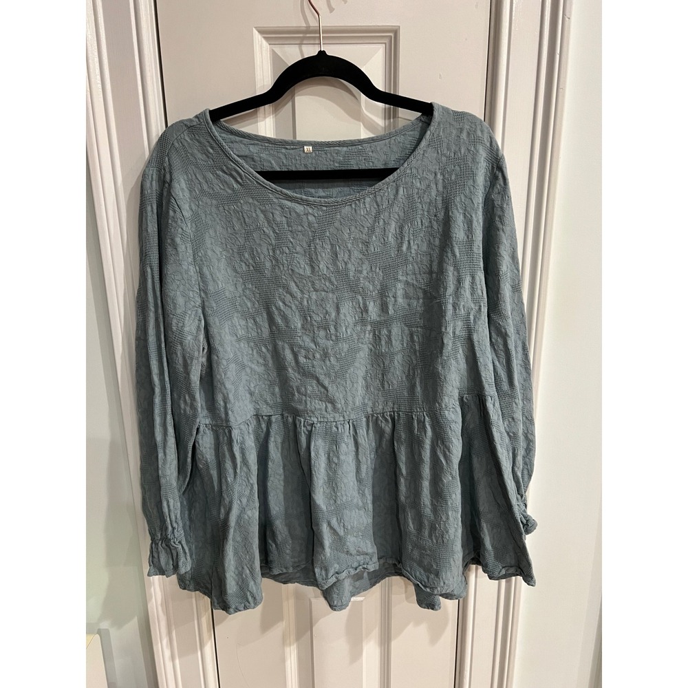 Women‎ Textured Cotton Peplum Blouse Long Sleeve Babydoll Top Blue XL H-1962